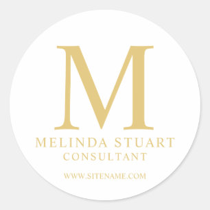 White and Gold Elegant Monogram Business Classic Round Sticker