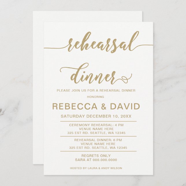 white and gold Elegant Script Rehearsal Dinner Invitation (Front/Back)