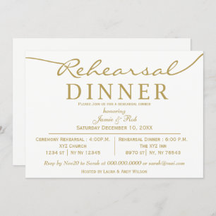 white and gold Elegant Script Rehearsal Dinner Invitation