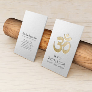 White and Gold Embossed OM Symbol Yoga Instructor Business Card