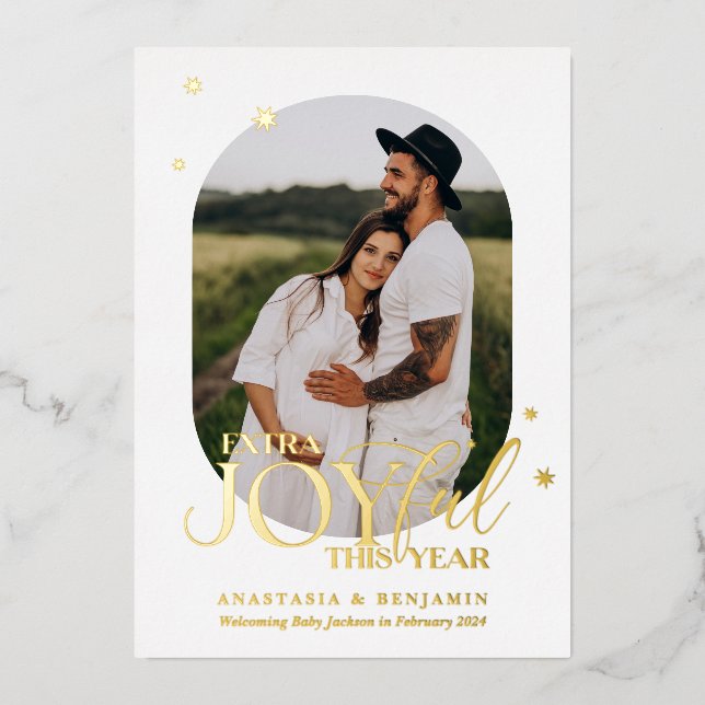 White and Gold Extra Joyful Pregnancy Christmas  Foil Holiday Card (Front)