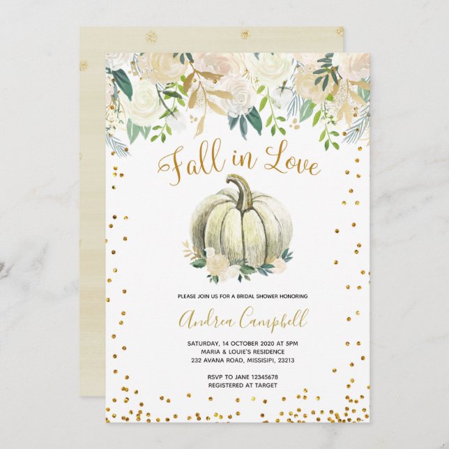 White and Gold Fall in Love Bridal Shower Invite (Front/Back)