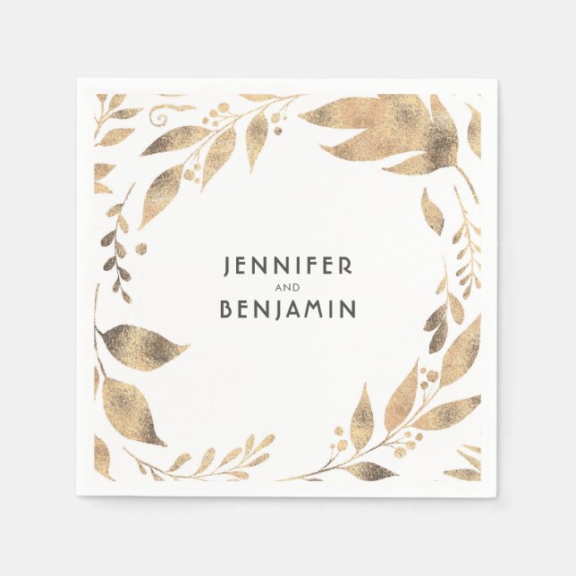 White and Gold Fall Leaves Elegant Wedding Napkin (Front)