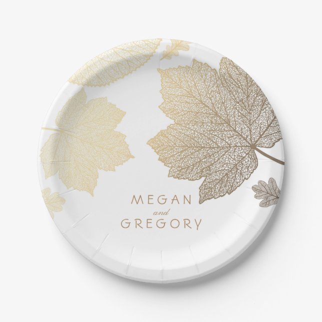 White and Gold Fall Leaves Wedding Paper Plate (Front)