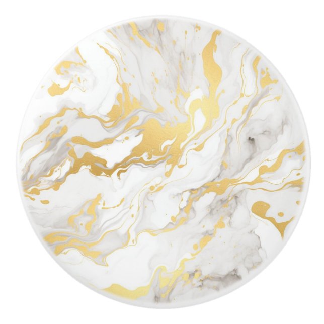 White and Gold Faux Marble  Ceramic Knob (Front)