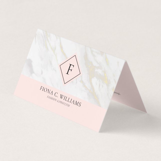 White and gold faux marble monogram business card (Front)