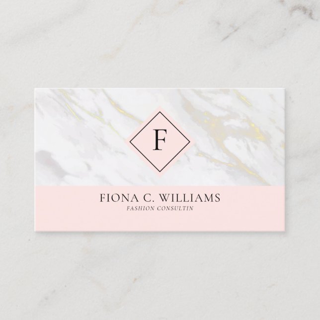 White and gold faux marble solid pink business card (Front)