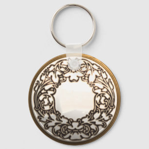 White and gold filigree glass sewing button  key ring