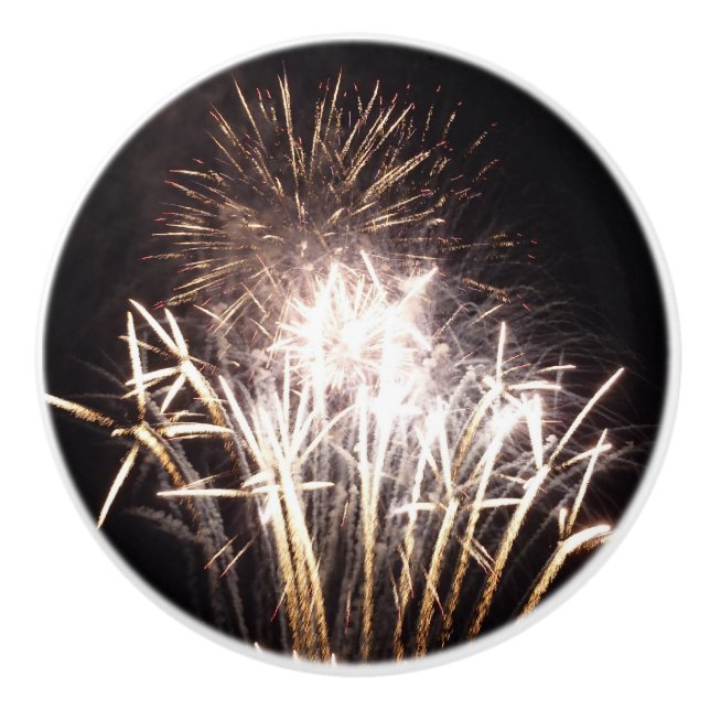 White and Gold Fireworks I Patriotic Celebration Ceramic Knob (Front)