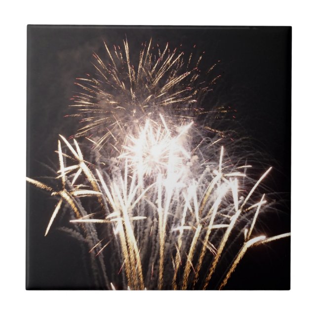 White and Gold Fireworks I Patriotic Celebration Ceramic Tile (Front)
