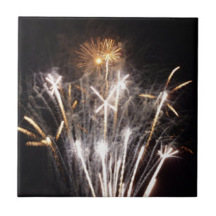 White and Gold Fireworks II Patriotic Celebration Ceramic Tile