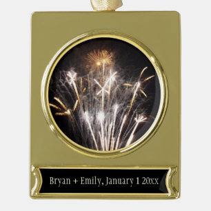 White and Gold Fireworks II Patriotic Celebration Plated Banner Ornament