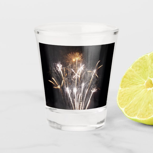 White and Gold Fireworks II Patriotic Celebration Shot Glass (Front)