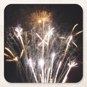 White and Gold Fireworks II Patriotic Celebration Square Paper Coaster