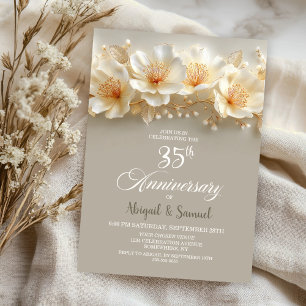 White and Gold Floral 35th Wedding Anniversary Invitation