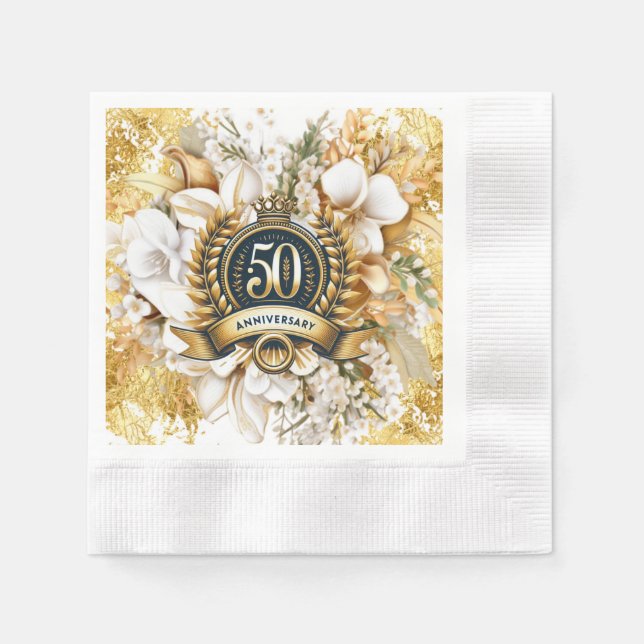 White and Gold Floral 50th Anniversary  Napkin (Front)