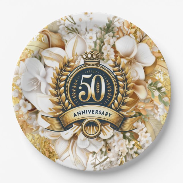 White and Gold Floral 50th Anniversary  Paper Plate (Front)
