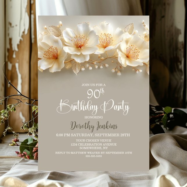 White and Gold Floral 90th Birthday Party Invitation (Creator Uploaded)