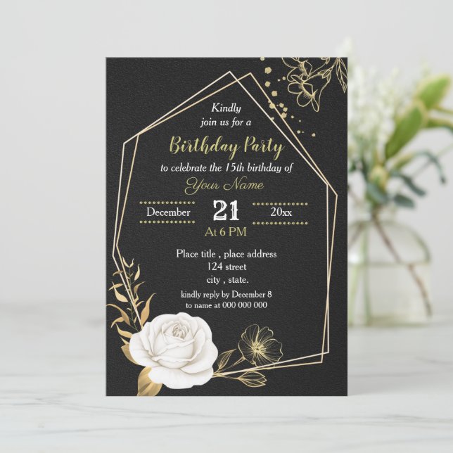 white and gold floral black birthday party invitation (Standing Front)