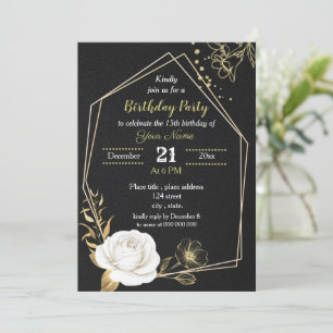 white and gold floral black birthday party invitation