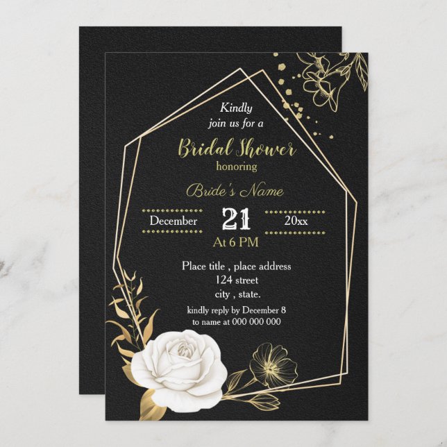 white and gold floral black bridal shower  invitat invitation (Front/Back)