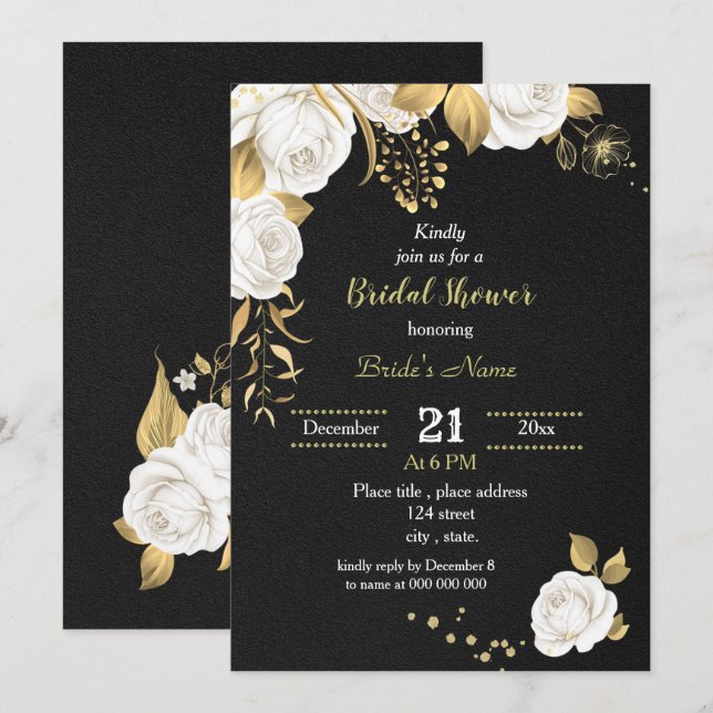 white and gold floral black bridal shower invitation (Front/Back)
