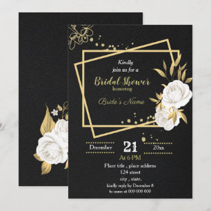 white and gold floral black bridal shower invitation