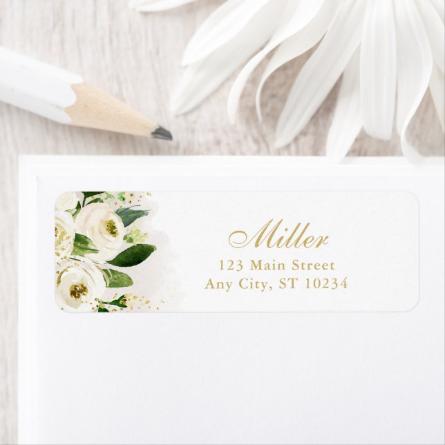 White and Gold Floral Bloom Return Address Label (Insitu)