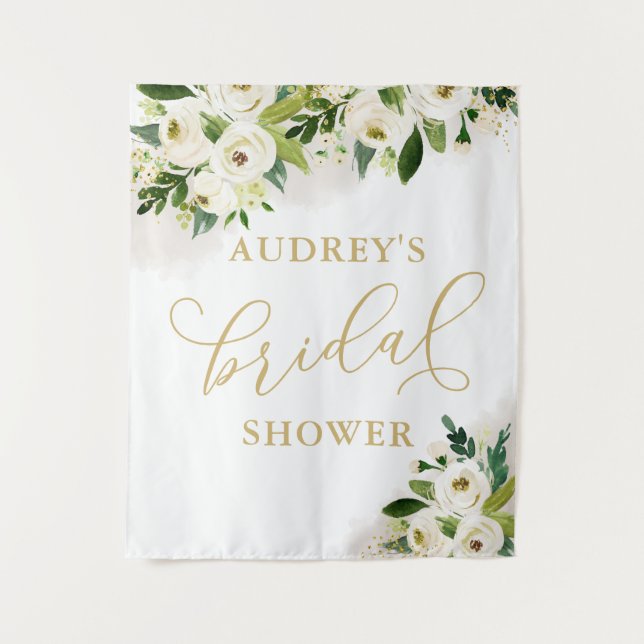 White and Gold Floral Bridal Shower Backdrop Tapestry (Front)