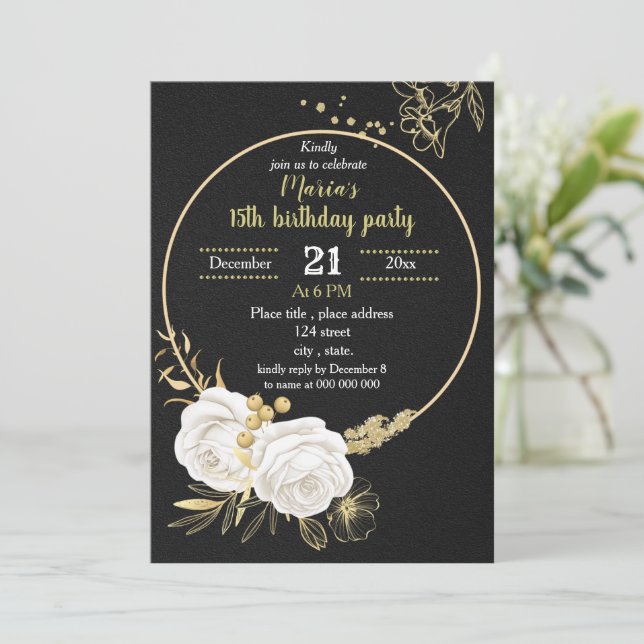white and gold floral circle black birthday party invitation (Standing Front)