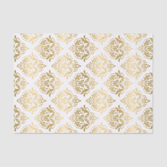 White And Gold Floral Damasks Geometric Pattern Tissue Paper (Front)