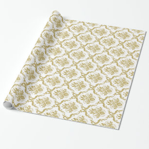 White And Gold Floral Damasks Lace Pattern Wrapping Paper