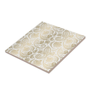 White And Gold Floral Lace Paisley 2 Ceramic Tile