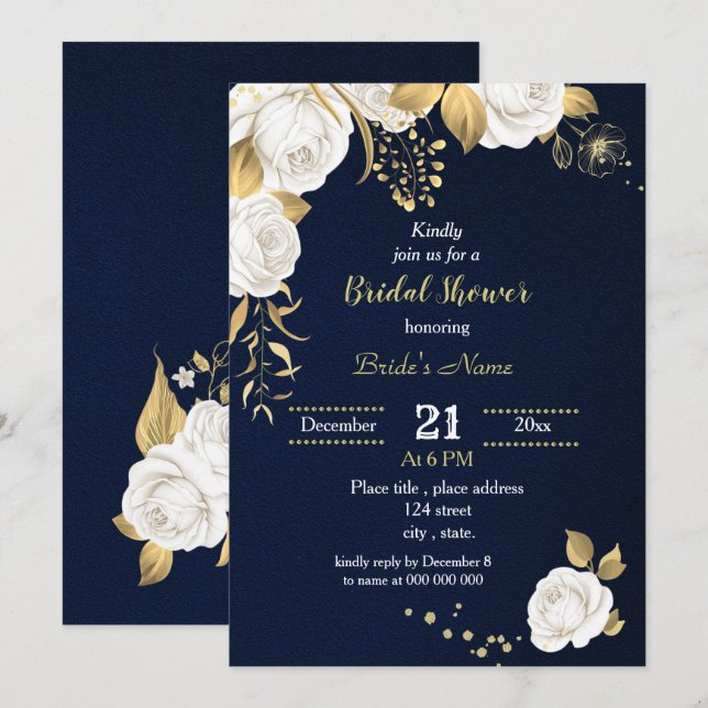 white and gold floral navy bridal shower  invitation (Front/Back)