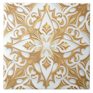 White and Gold Floral Scrollwork Pattern Ceramic Tile