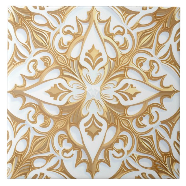 White and Gold Floral Scrollwork Pattern Ceramic Tile (Front)