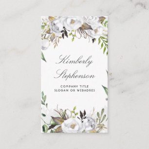 White and Gold Floral Watercolor Elegant Business Card