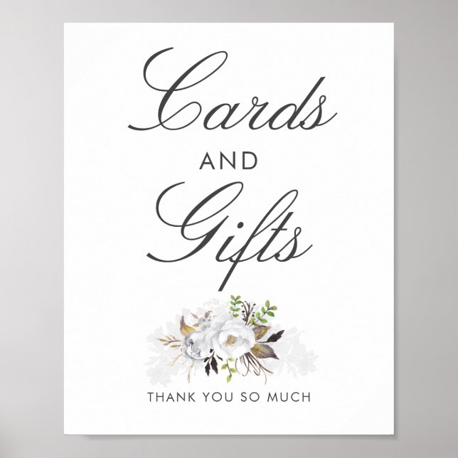 White and Gold Floral Wedding Cards and Gifts Sign (Front)