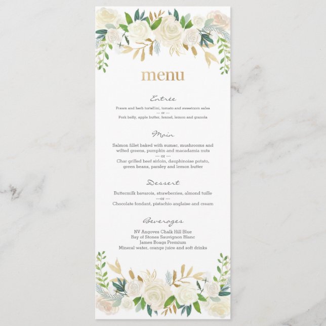 White and gold floral Wedding Menu Card (Front)