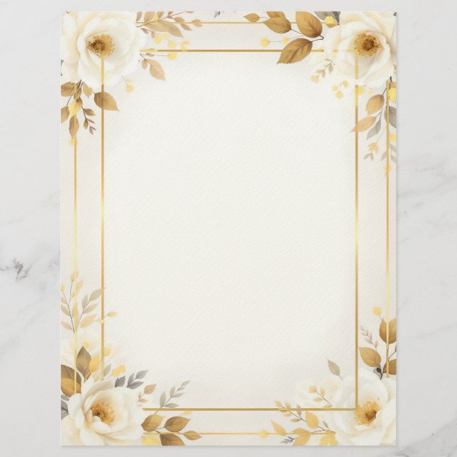 White and Gold Flowers and Double Frame Stationery Custom Letterhead (Front)