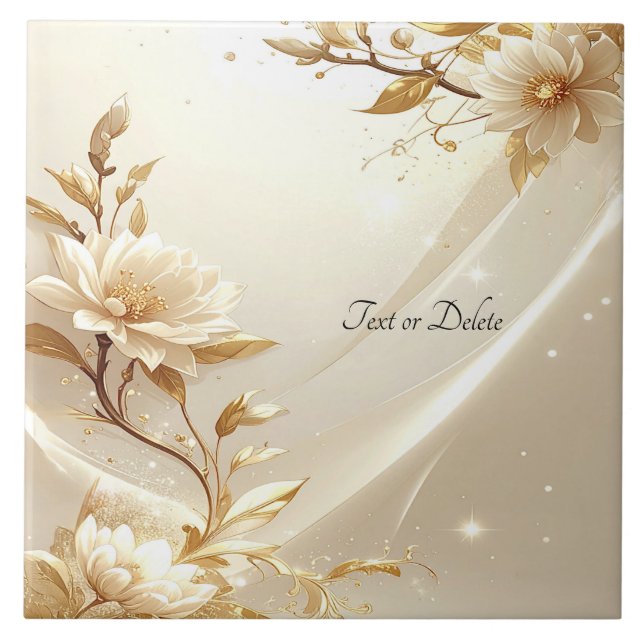 White and Gold Flowers Ceramic Tile (Front)