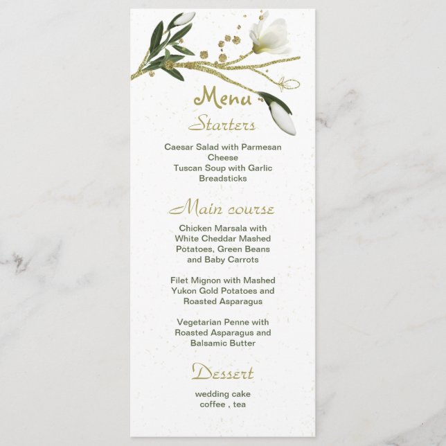 white and gold flowers greenery wedding menu (Front)