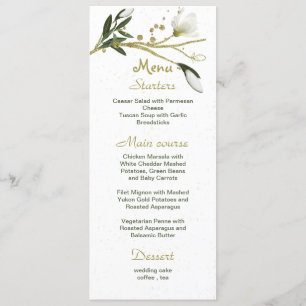 white and gold flowers greenery wedding menu