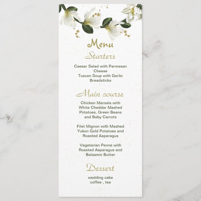 white and gold flowers greenery wedding menu (Front)