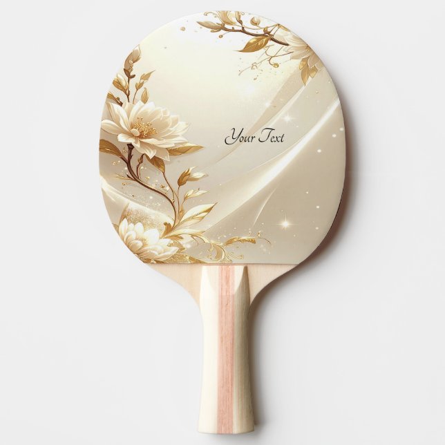 White and Gold Flowers Ping Pong Paddle (Front)
