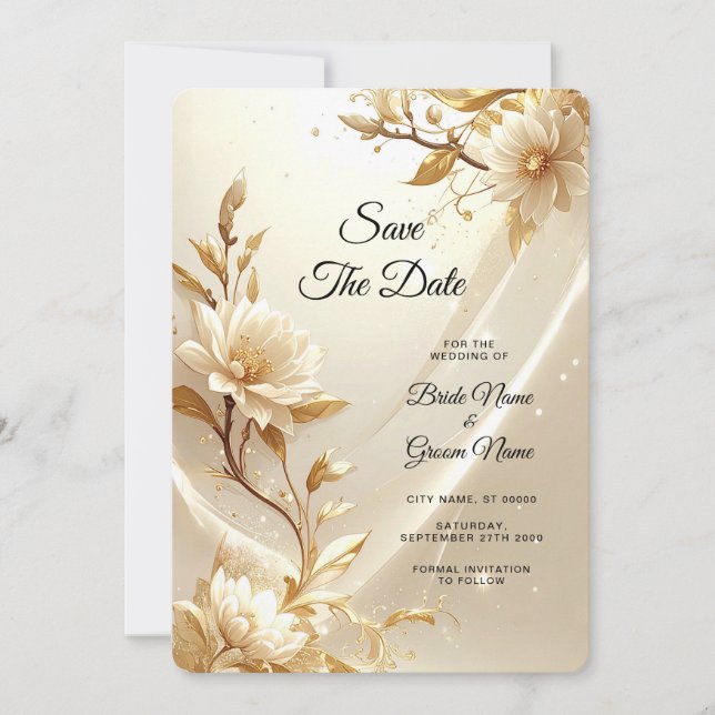 White and Gold Flowers Save The Date (Front)