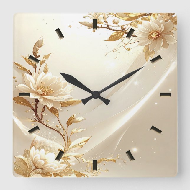 White and Gold Flowers Wall Clock (Front)