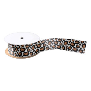 White and Gold Foil Cheetah - Leopard Pattern Satin Ribbon