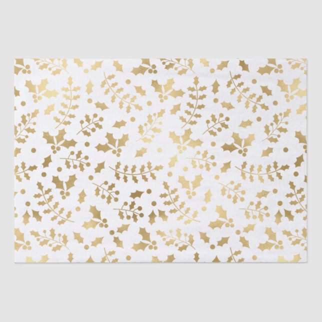 White and Gold Foil Christmas Holly Tissue Paper (Front)