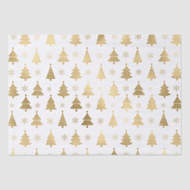 White and Gold Foil Christmas Trees Tissue Paper (Front)